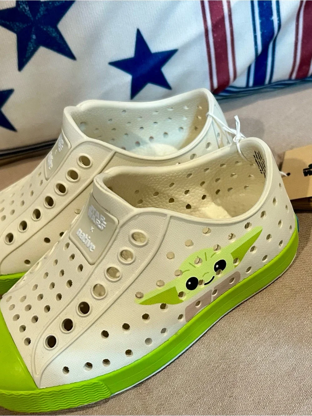 Native Kids White Slip-On Water Shoes with Green Accent and Character